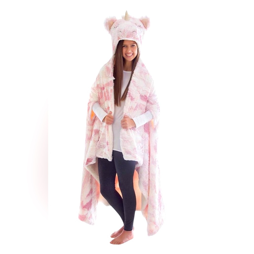 Reversible Hooded Plush Wrap Pink & White Tie Dye Unicorn, One Size, Soft & Cozy